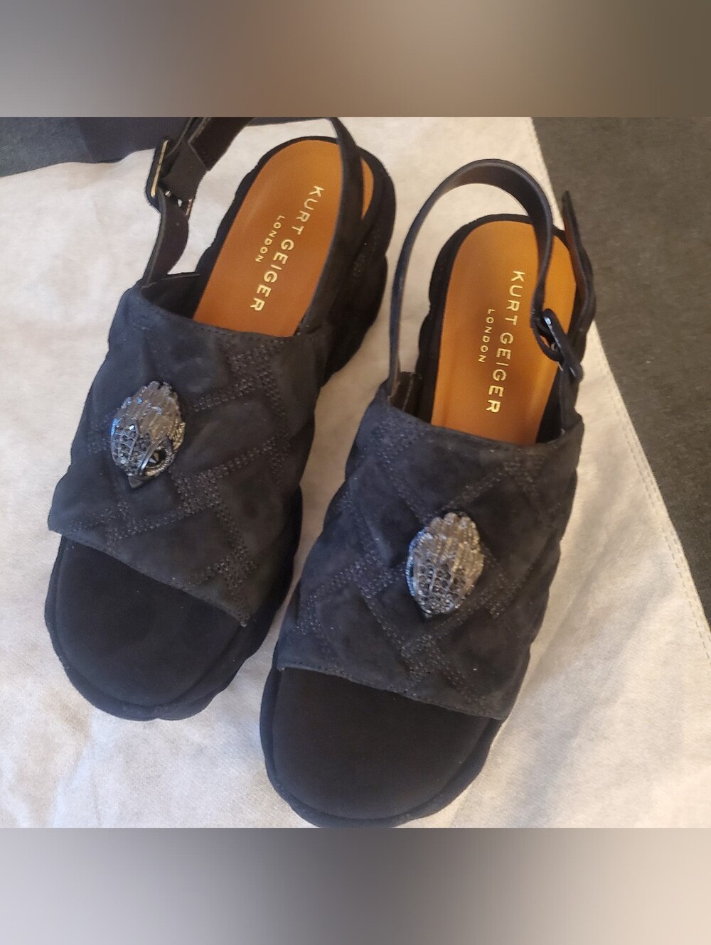 Kurt Geiger Black Quilted Suede Slingback Mule Sandals with Crystal Eagle Brooch